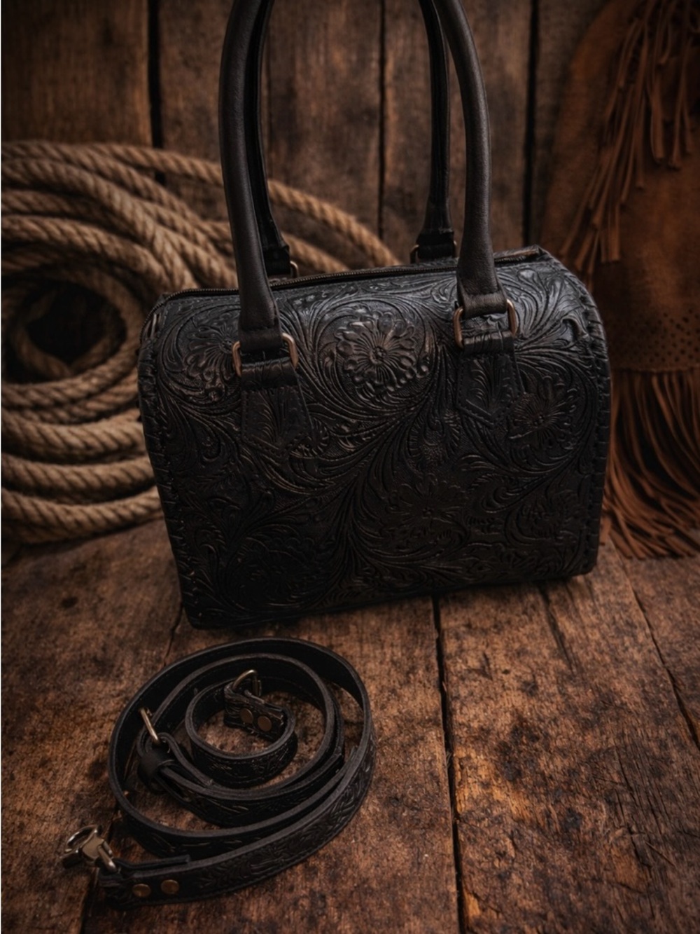 Embossed Leather Satchel Bag - Black